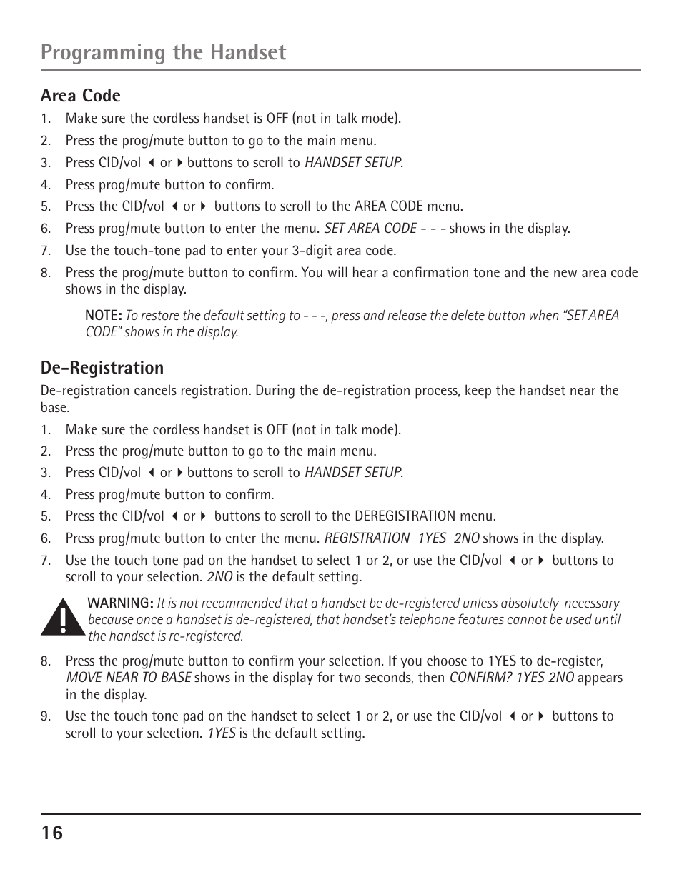 Programming the handset, Area code, De-registration | GE 23200 User Manual | Page 16 / 48