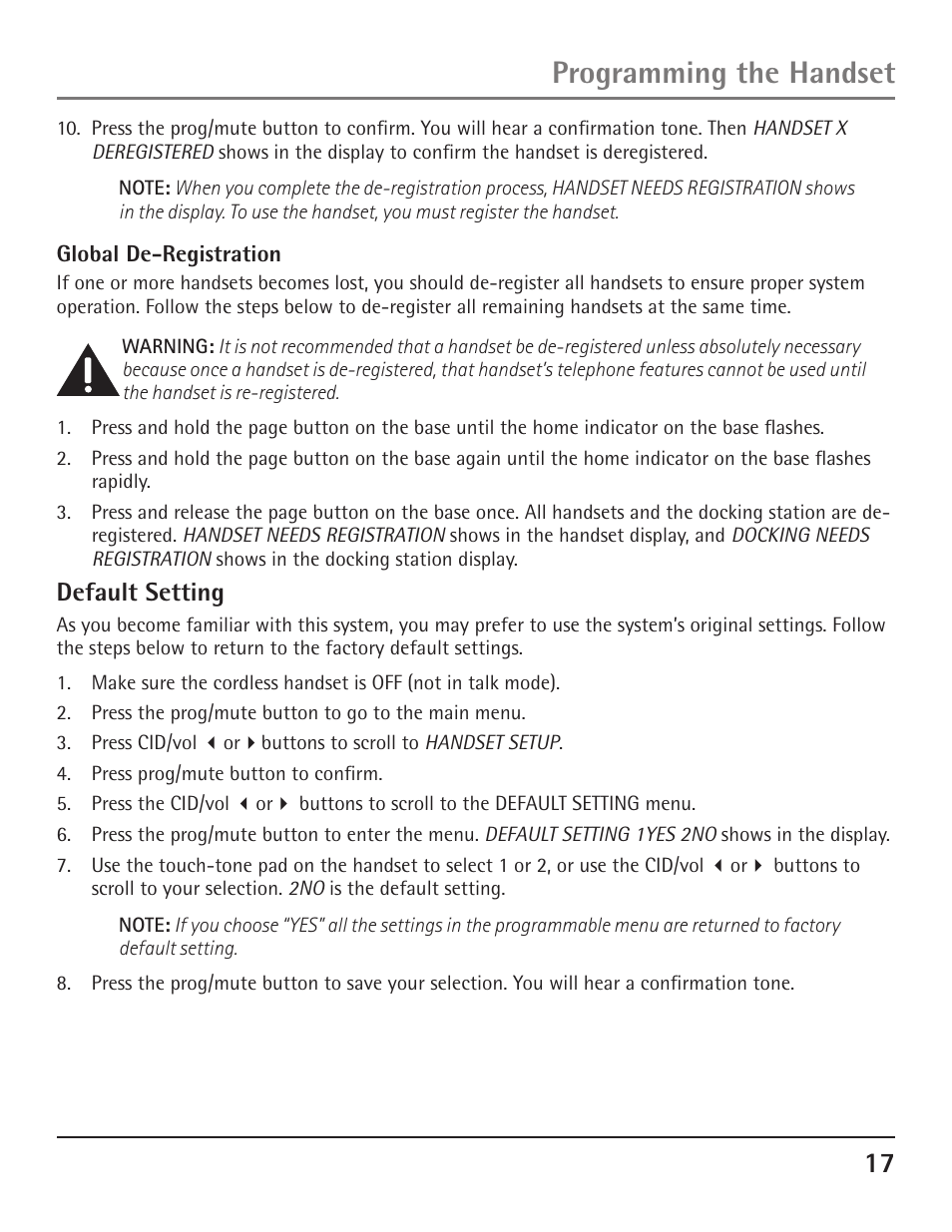 Programming the handset, Default setting | GE 23200 User Manual | Page 17 / 48