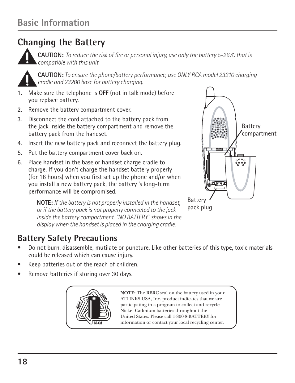 Basic information changing the battery, Battery safety precautions | GE 23200 User Manual | Page 18 / 48