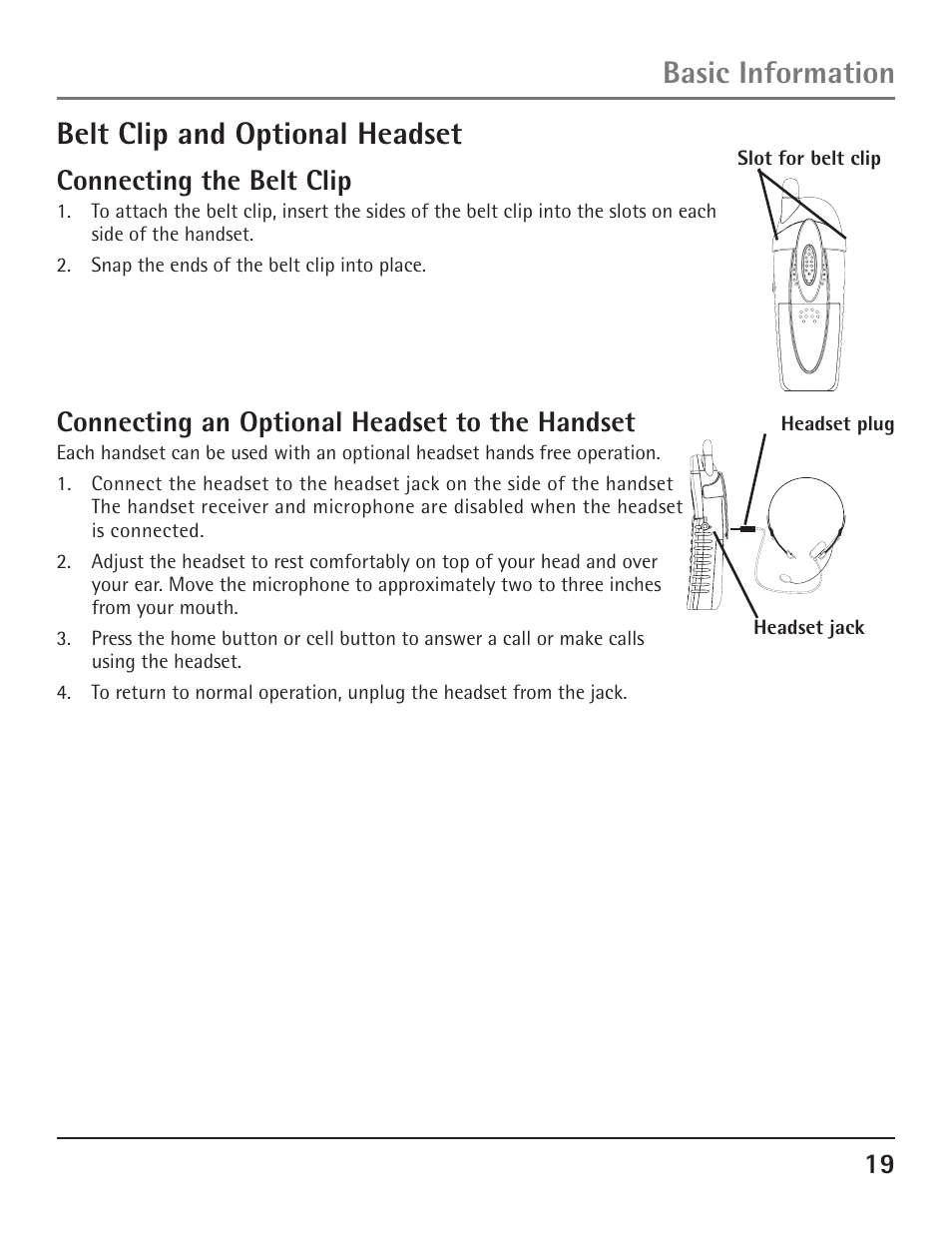 Belt clip and optional headset, Basic information, Connecting the belt clip | Connecting an optional headset to the handset | GE 23200 User Manual | Page 19 / 48