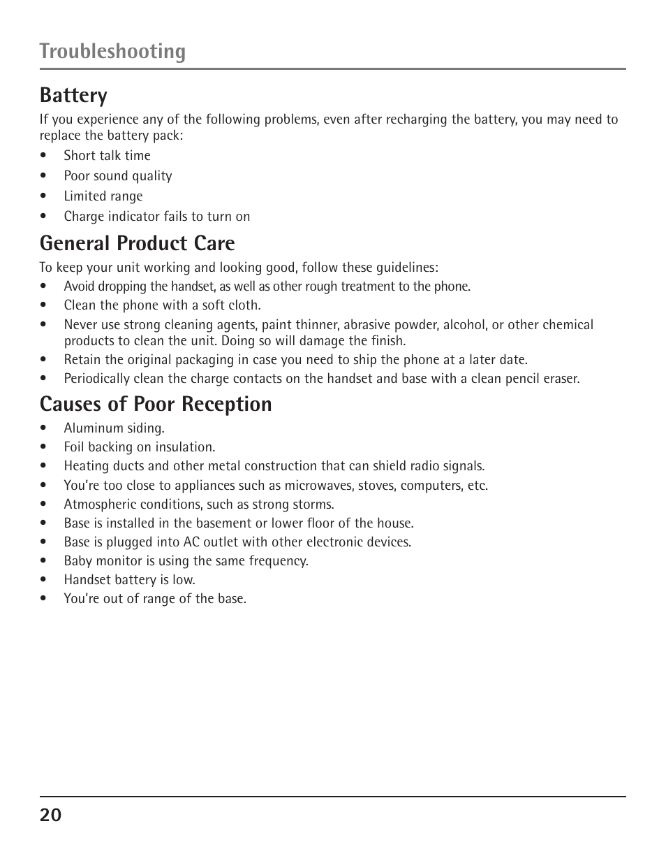Troubleshooting battery, General product care, Causes of poor reception | GE 23200 User Manual | Page 20 / 48