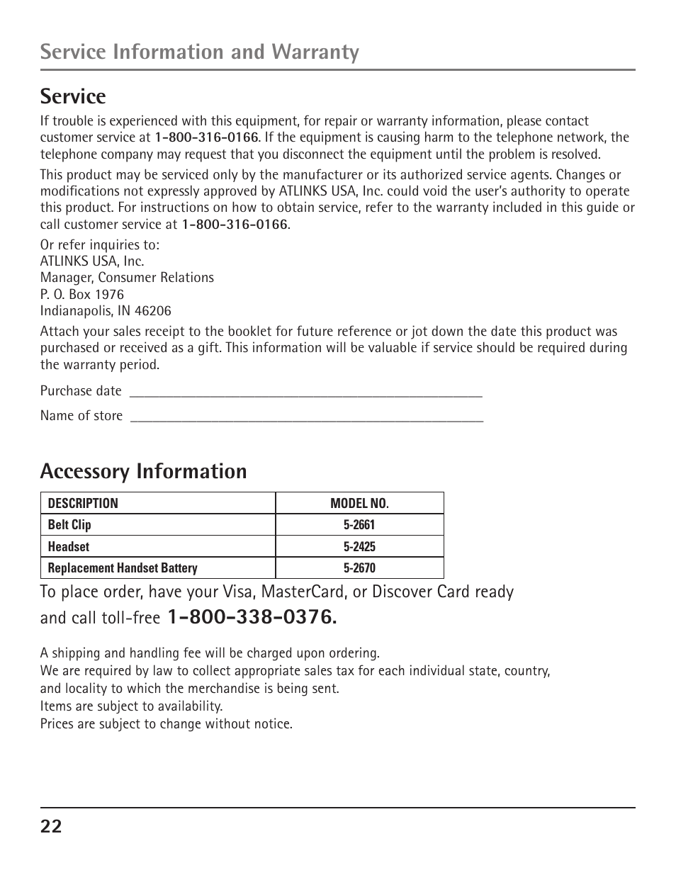 Accessory information, Service, Service information and warranty | GE 23200 User Manual | Page 22 / 48