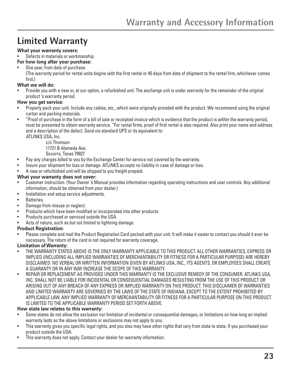 Limited warranty, Warranty and accessory information | GE 23200 User Manual | Page 23 / 48
