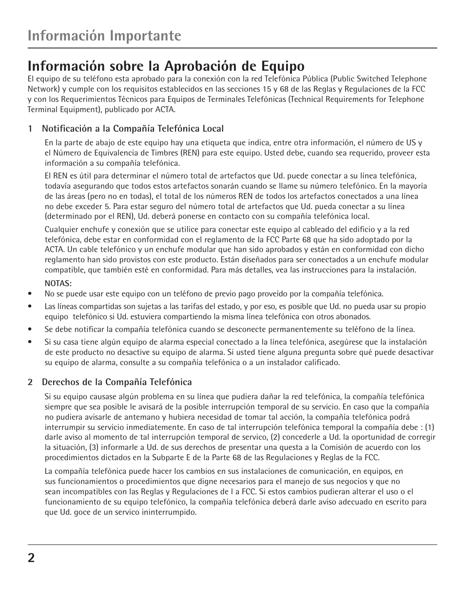 Información importante, Información sobre la aprobación de equipo | GE 23200 User Manual | Page 26 / 48