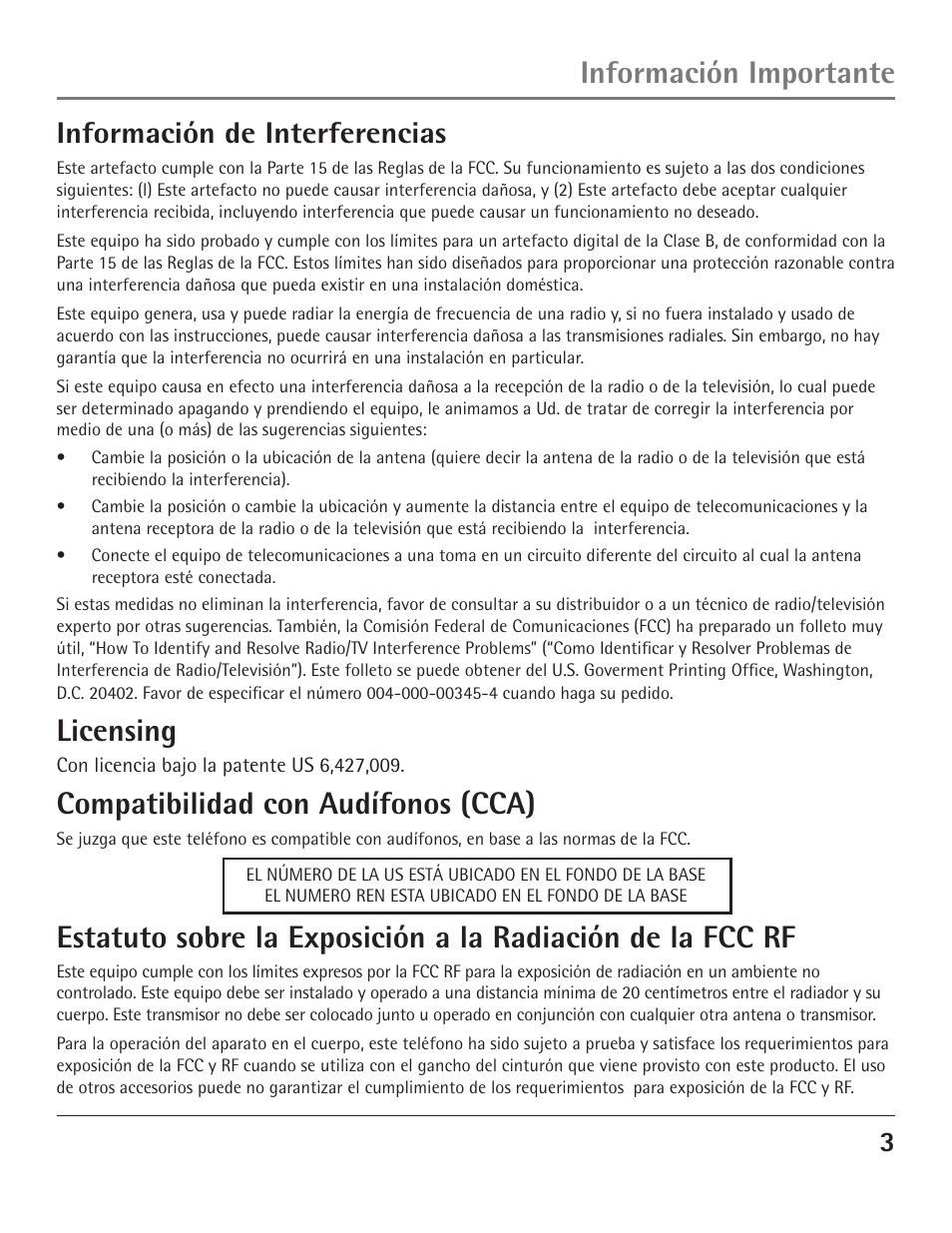 Licensing, Compatibilidad con audífonos (cca), Información importante | Información de interferencias | GE 23200 User Manual | Page 27 / 48