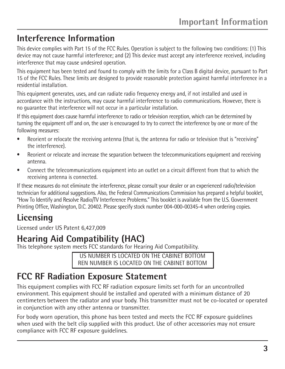 Interference information, Licensing, Hearing aid compatibility (hac) | Fcc rf radiation exposure statement, Important information | GE 23200 User Manual | Page 3 / 48