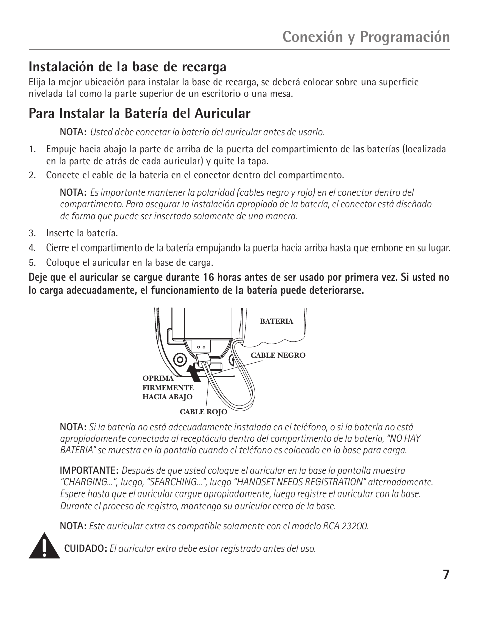 Conexión y programación, 7instalación de la base de recarga, Para instalar la batería del auricular | GE 23200 User Manual | Page 31 / 48