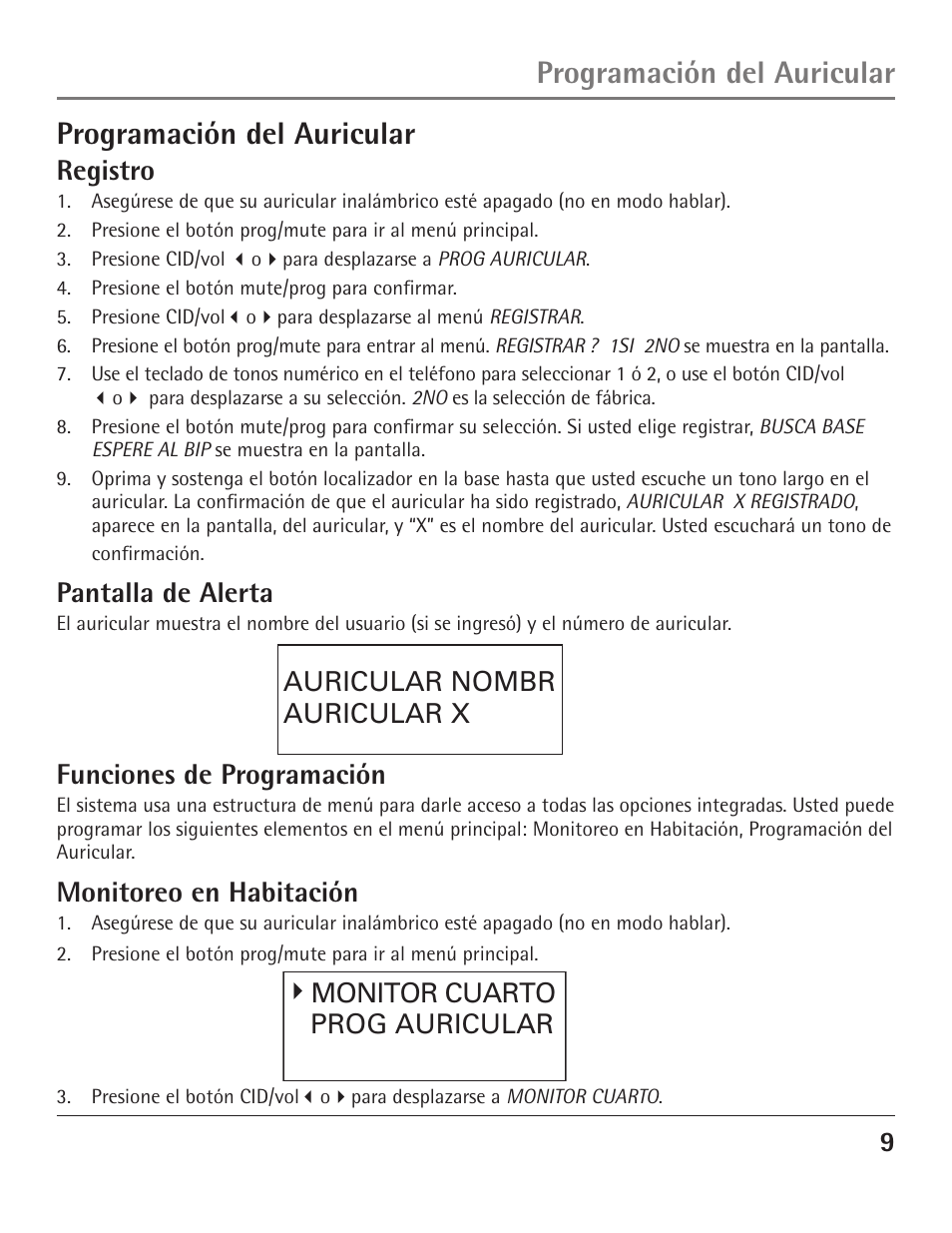 Programación del auricular, Funciones de programación, Monitoreo en habitación | Registro, Pantalla de alerta | GE 23200 User Manual | Page 33 / 48