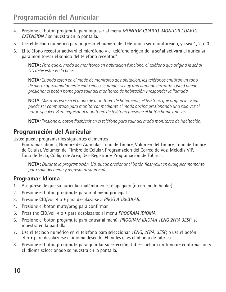 Programación del auricular, Programar idioma | GE 23200 User Manual | Page 34 / 48