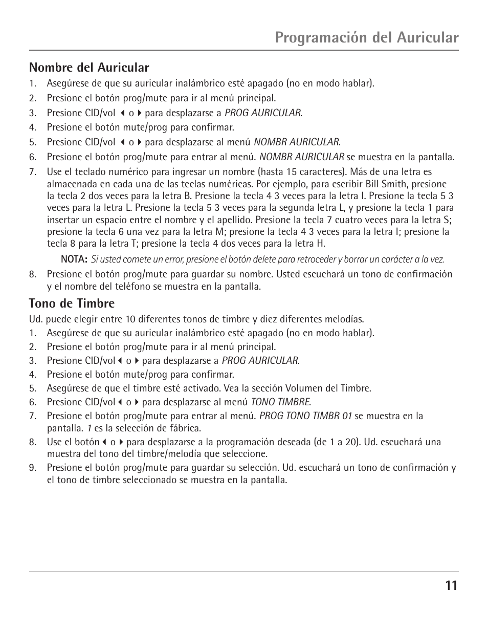 Programación del auricular, Nombre del auricular, Tono de timbre | GE 23200 User Manual | Page 35 / 48
