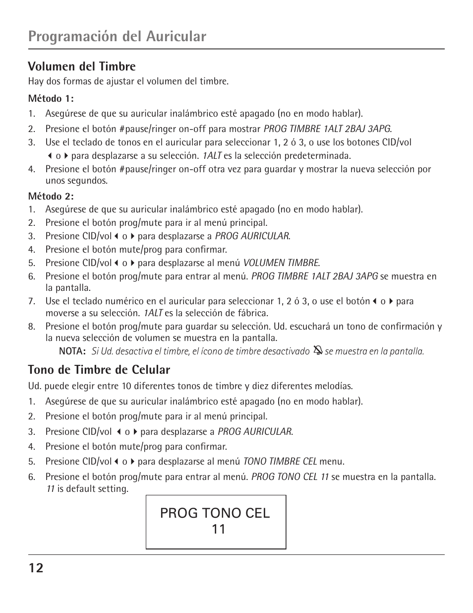 Programación del auricular, Prog tono cel 11 | GE 23200 User Manual | Page 36 / 48
