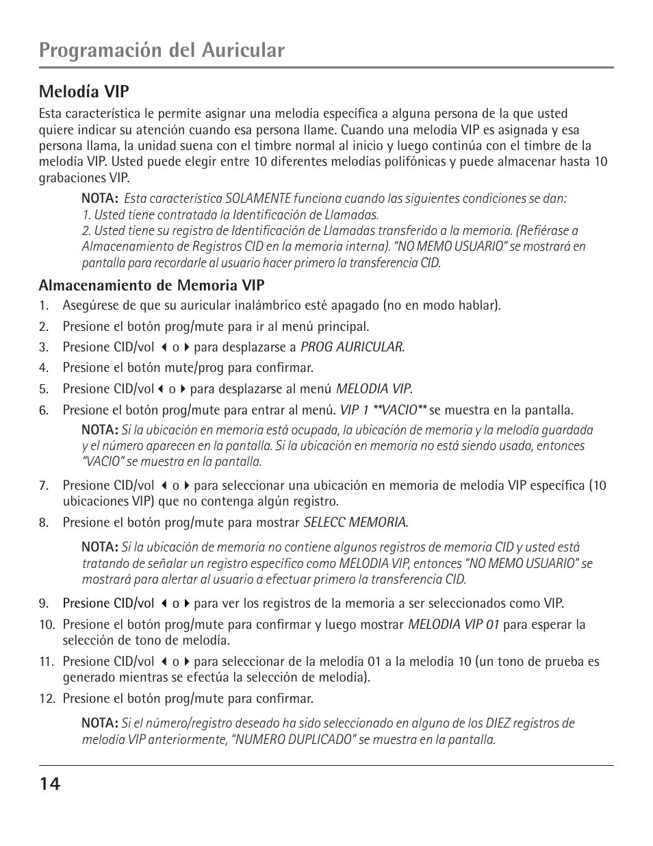 Programación del auricular, Melodía vip | GE 23200 User Manual | Page 38 / 48