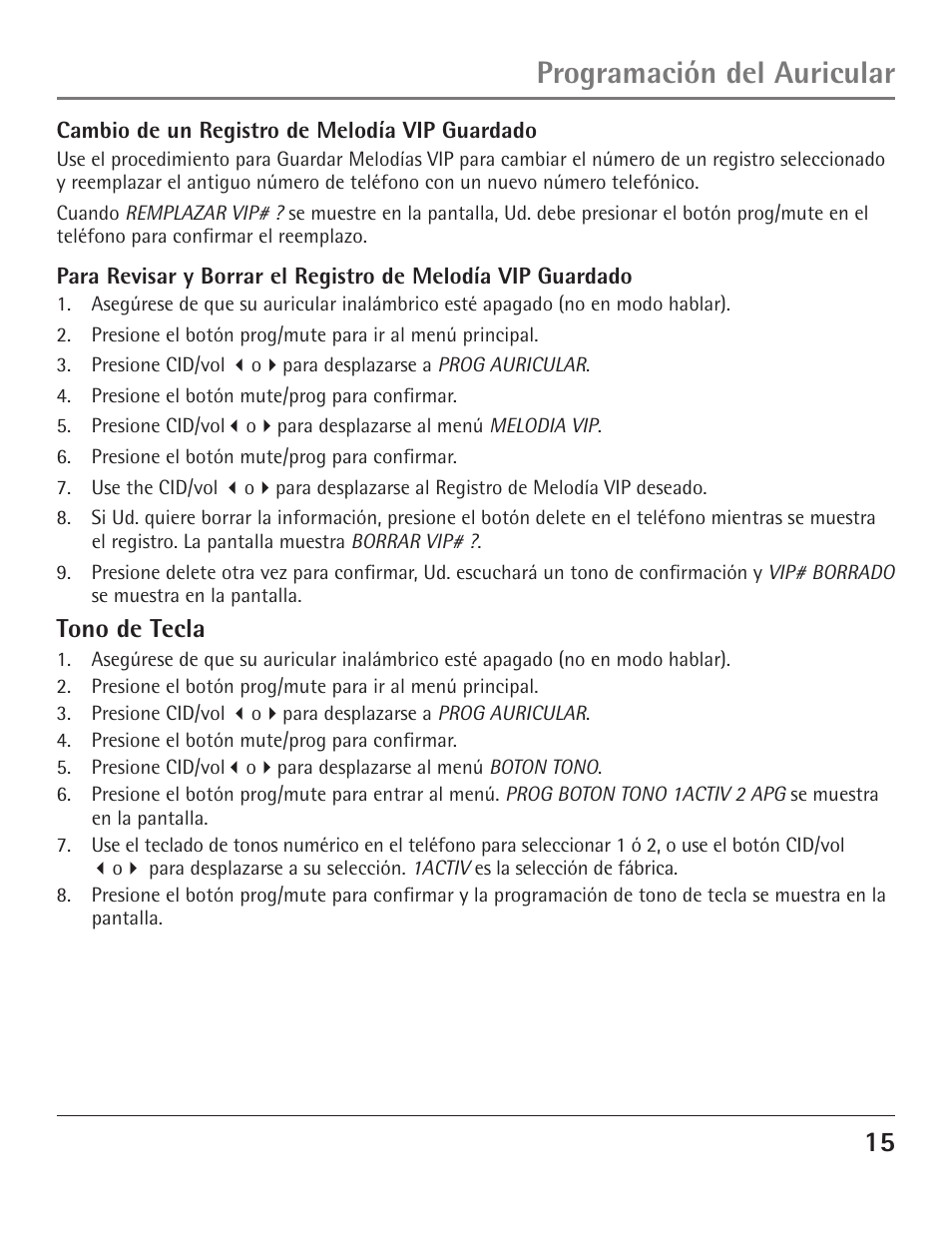 Programación del auricular, Tono de tecla | GE 23200 User Manual | Page 39 / 48
