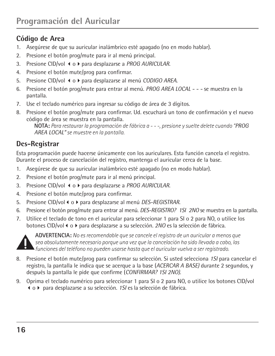 Programación del auricular, Código de area, Des-registrar | GE 23200 User Manual | Page 40 / 48