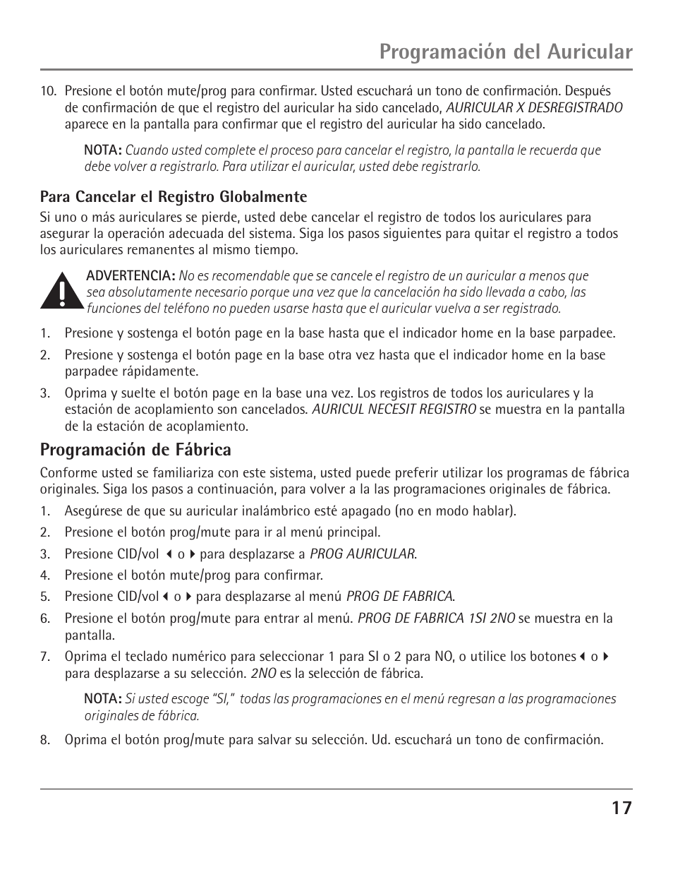 Programación del auricular, Programación de fábrica | GE 23200 User Manual | Page 41 / 48