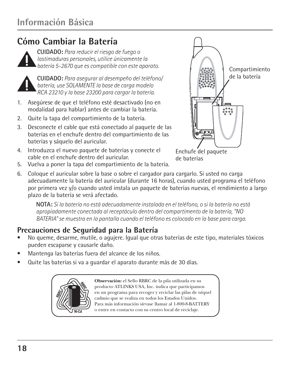 Información básica cómo cambiar la batería, Precauciones de seguridad para la batería | GE 23200 User Manual | Page 42 / 48