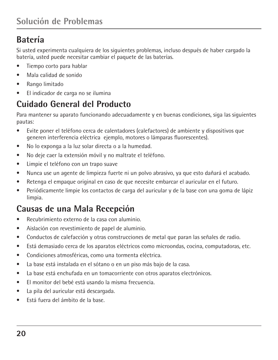 Batería, Cuidado general del producto, Causas de una mala recepción | Solución de problemas | GE 23200 User Manual | Page 44 / 48