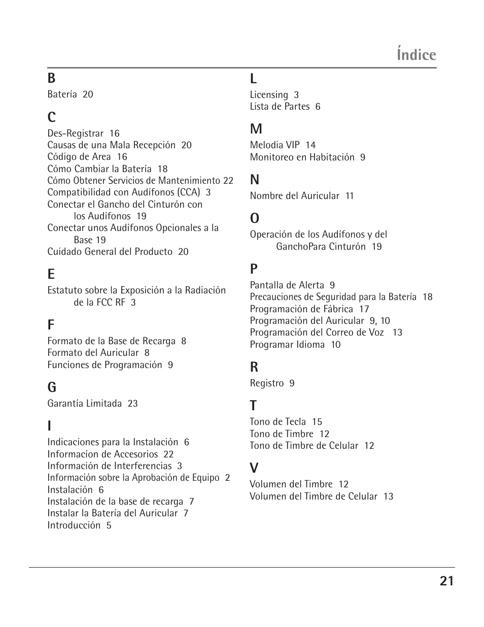 Índice | GE 23200 User Manual | Page 45 / 48