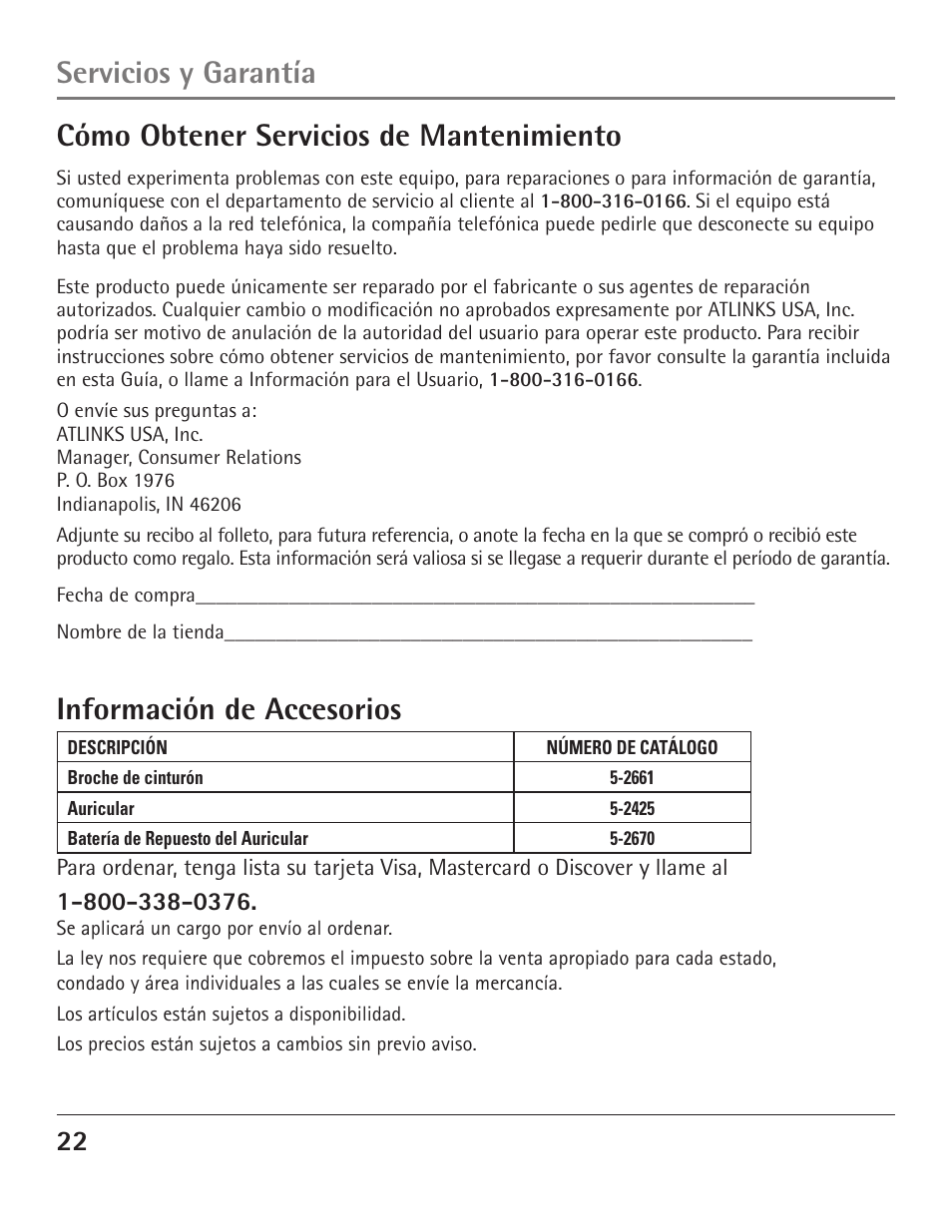 Información de accesorios, Cómo obtener servicios de mantenimiento, Servicios y garantía | GE 23200 User Manual | Page 46 / 48