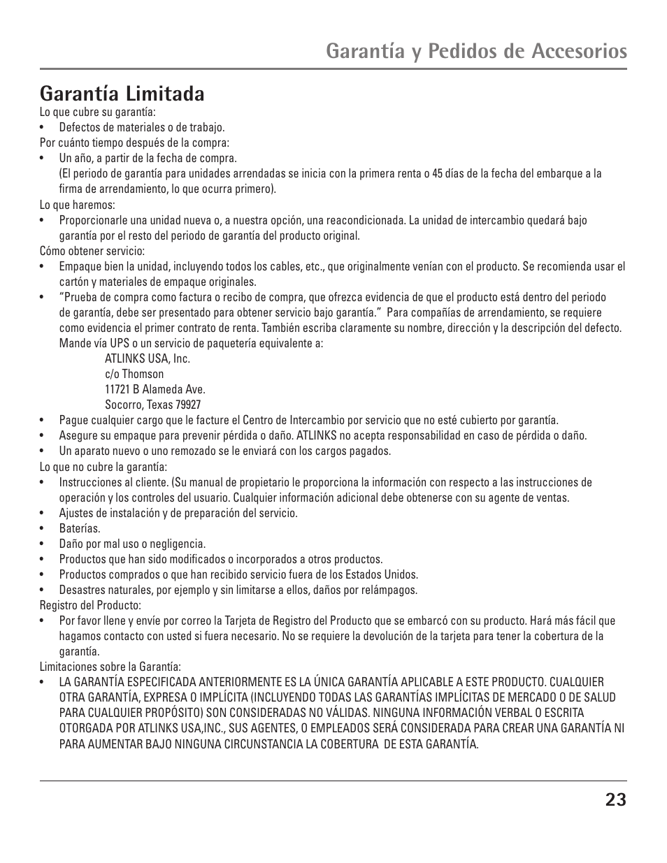 Garantía limitada, Garantía y pedidos de accesorios | GE 23200 User Manual | Page 47 / 48