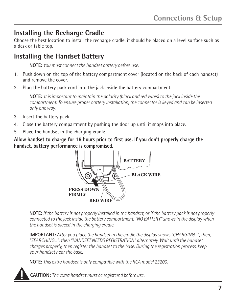 Connections & setup, Installing the recharge cradle, Installing the handset battery | GE 23200 User Manual | Page 7 / 48