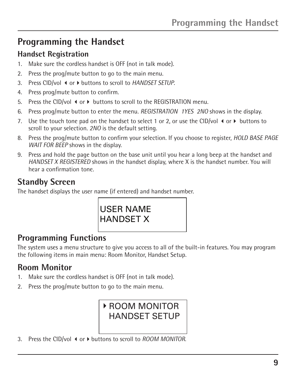 Programming the handset, Standby screen, Programming functions | Room monitor | GE 23200 User Manual | Page 9 / 48