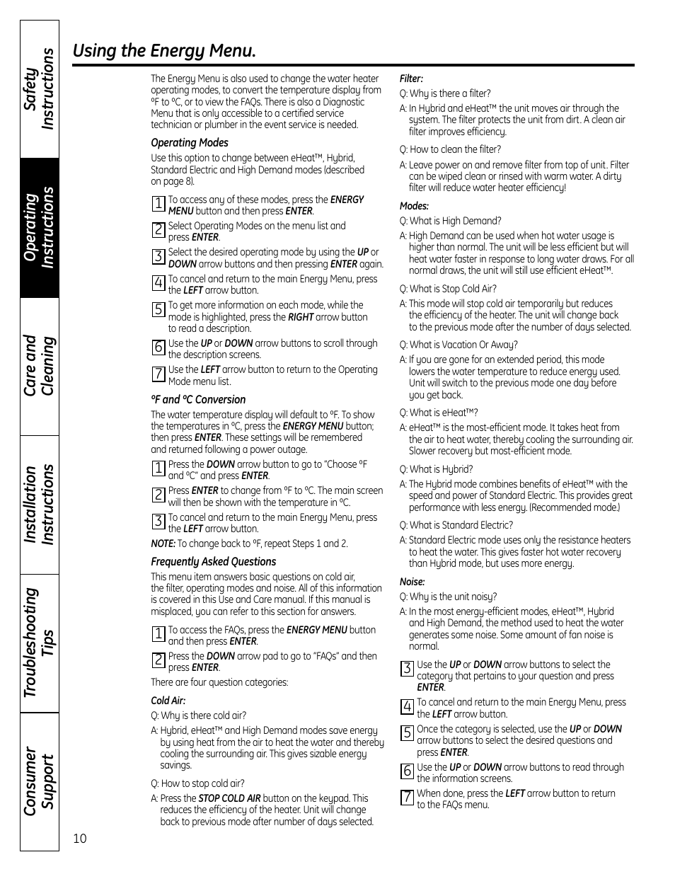 Using the energy menu | GE GEH50DNSRSA User Manual | Page 10 / 68