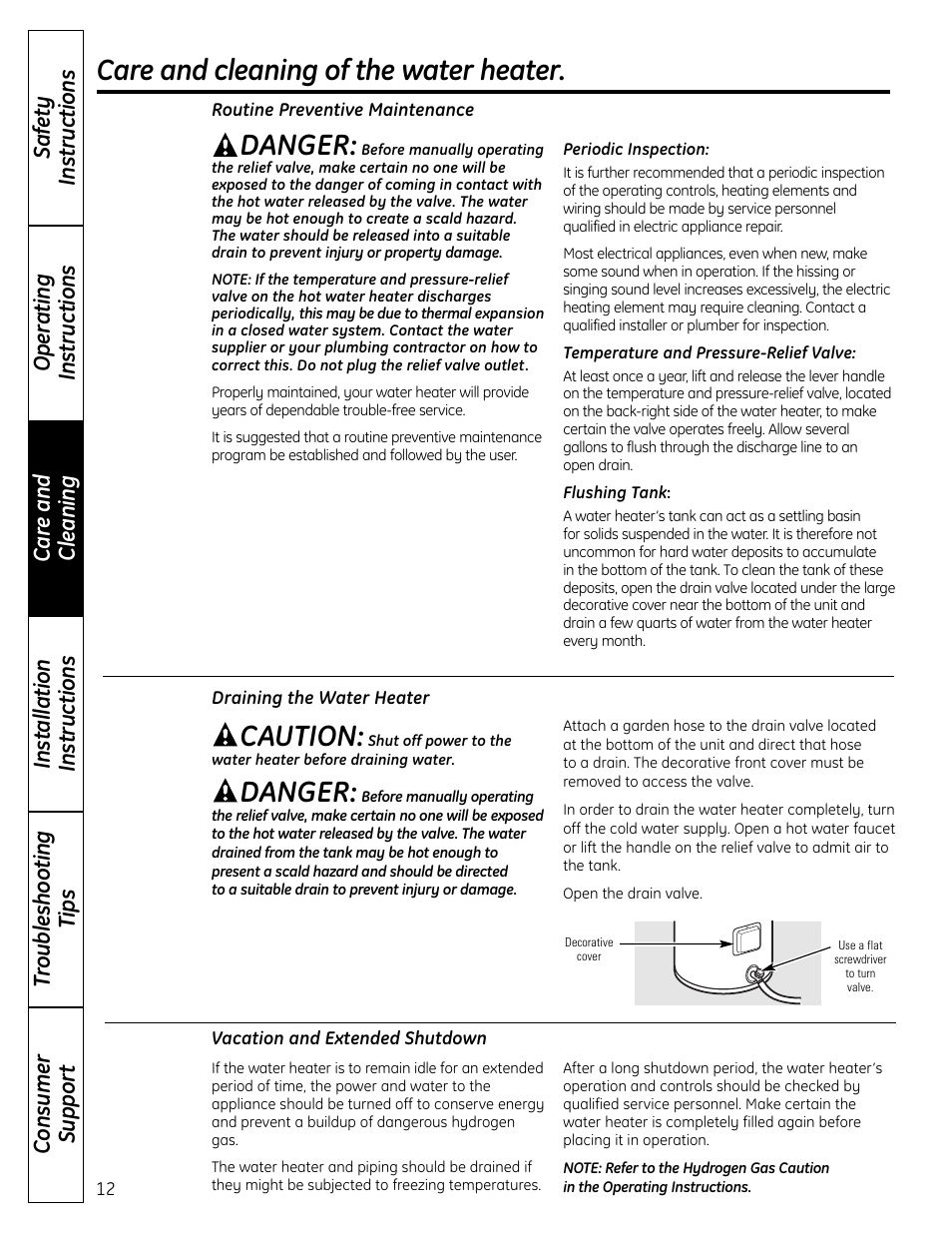 Care and cleaning of the water heater, Caution, Danger | GE GEH50DNSRSA User Manual | Page 12 / 68