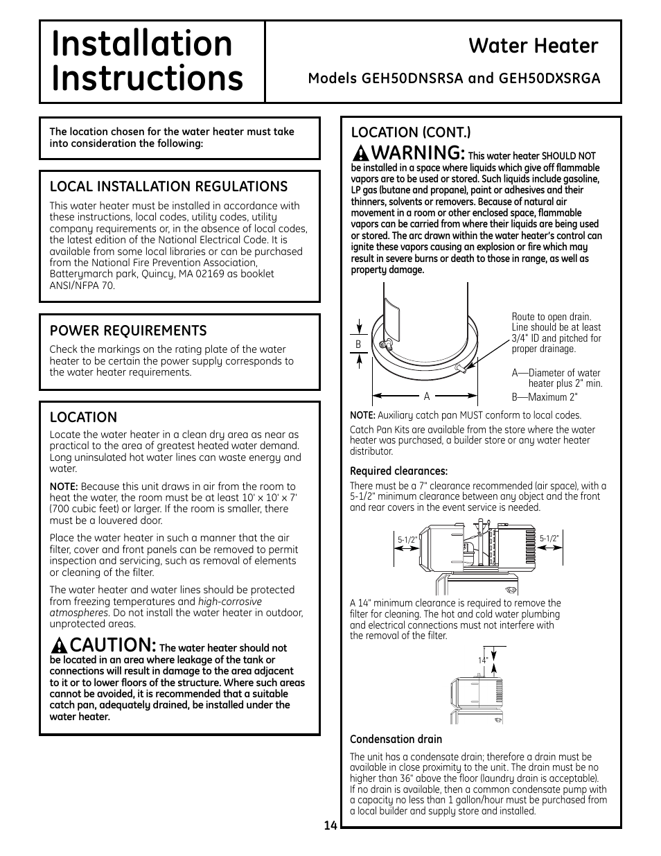 Installation, Instructions, Water heater | Warning, Caution | GE GEH50DNSRSA User Manual | Page 14 / 68