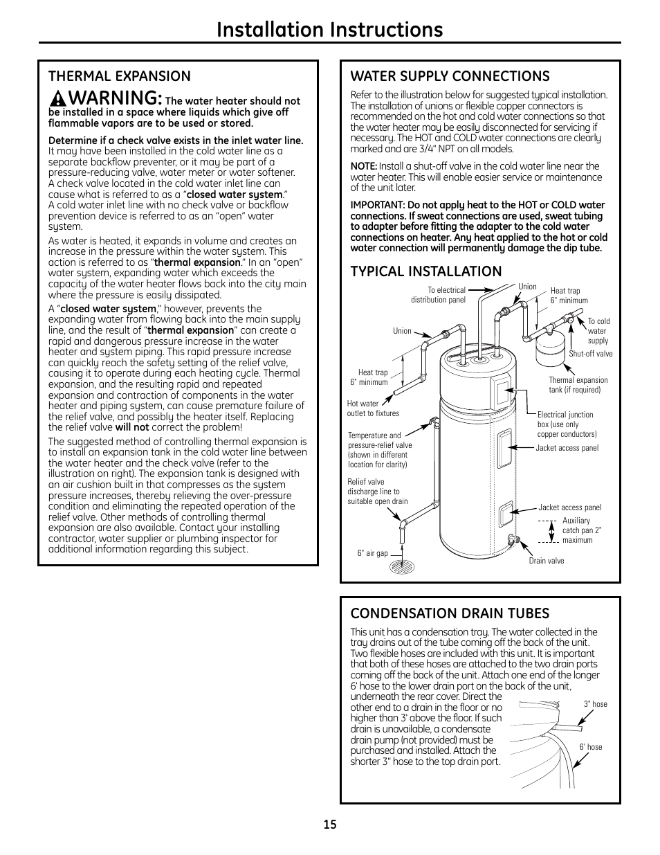 Installation instructions, Warning, Water supply connections | Typical installation, Thermal expansion, Condensation drain tubes | GE GEH50DNSRSA User Manual | Page 15 / 68