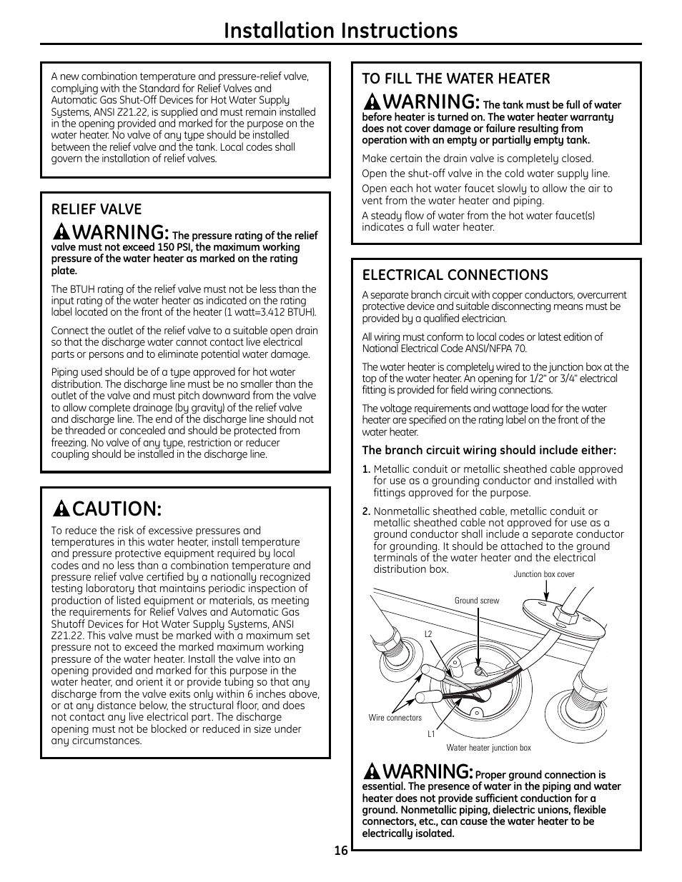 Installation instructions, Warning, Caution | Relief valve, Electrical connections | GE GEH50DNSRSA User Manual | Page 16 / 68