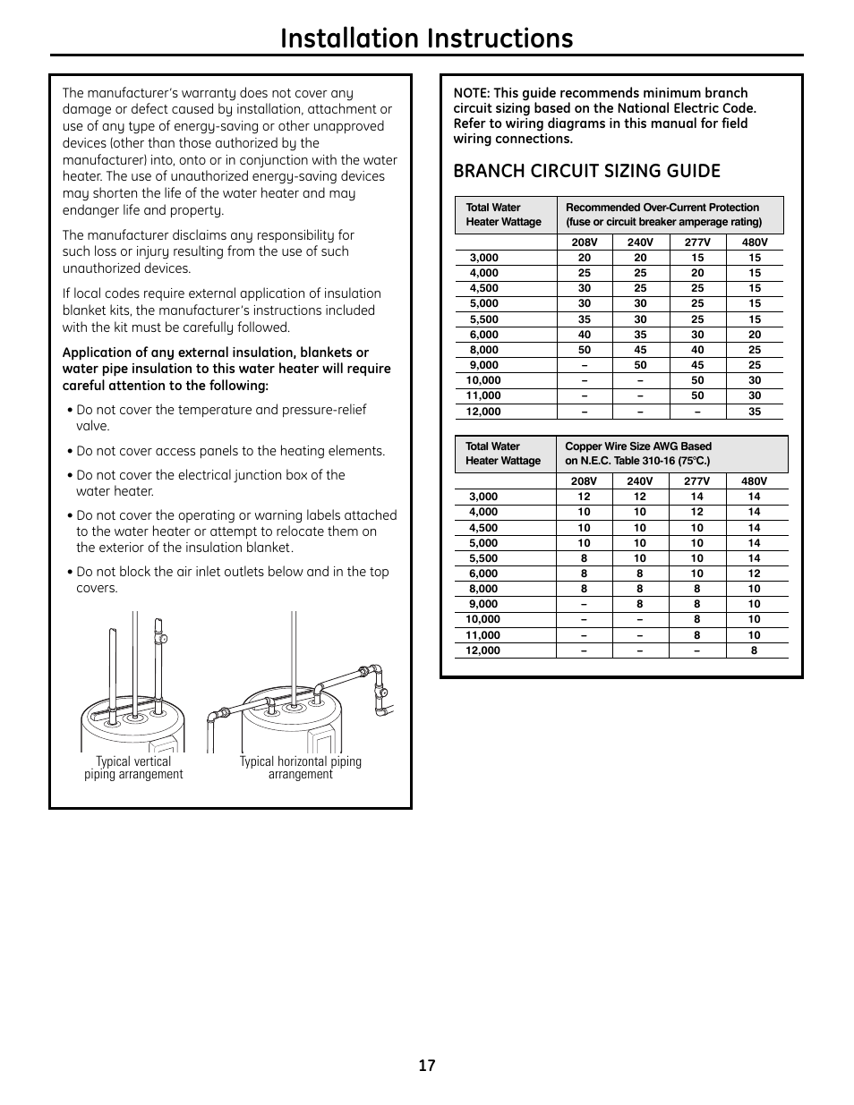 Installation instructions, Branch circuit sizing guide | GE GEH50DNSRSA User Manual | Page 17 / 68