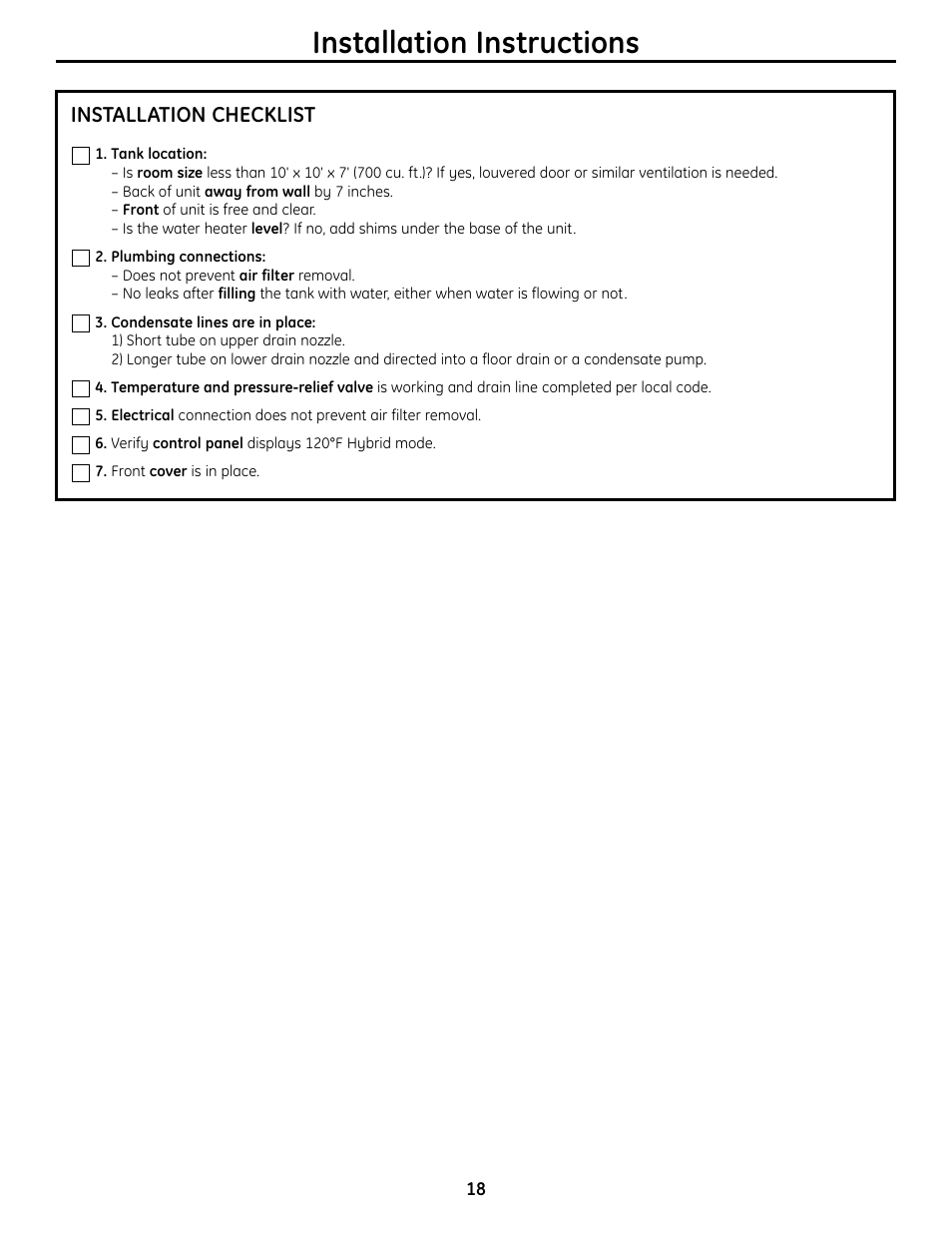 Installation instructions, Installation checklist | GE GEH50DNSRSA User Manual | Page 18 / 68