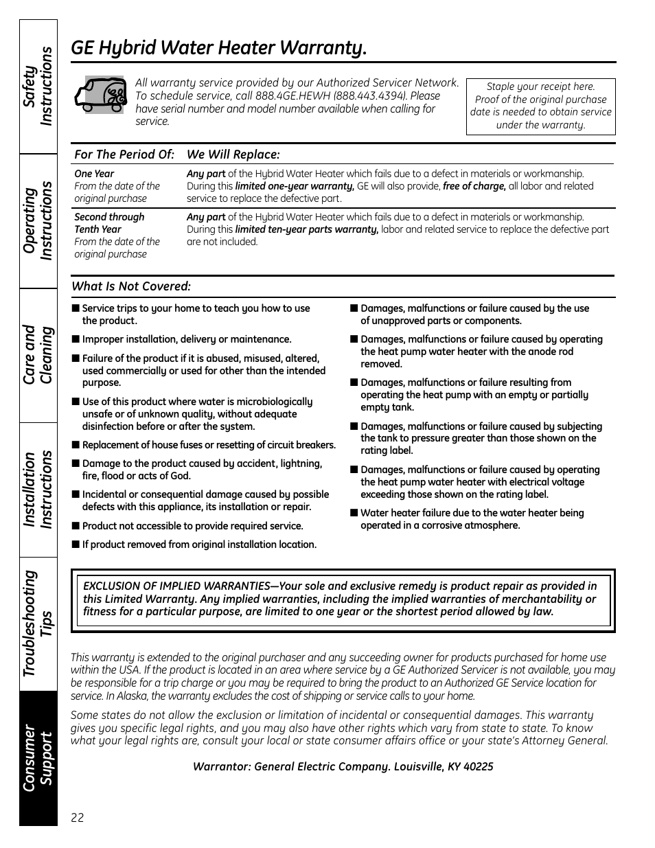 Ge hybrid water heater warranty | GE GEH50DNSRSA User Manual | Page 22 / 68