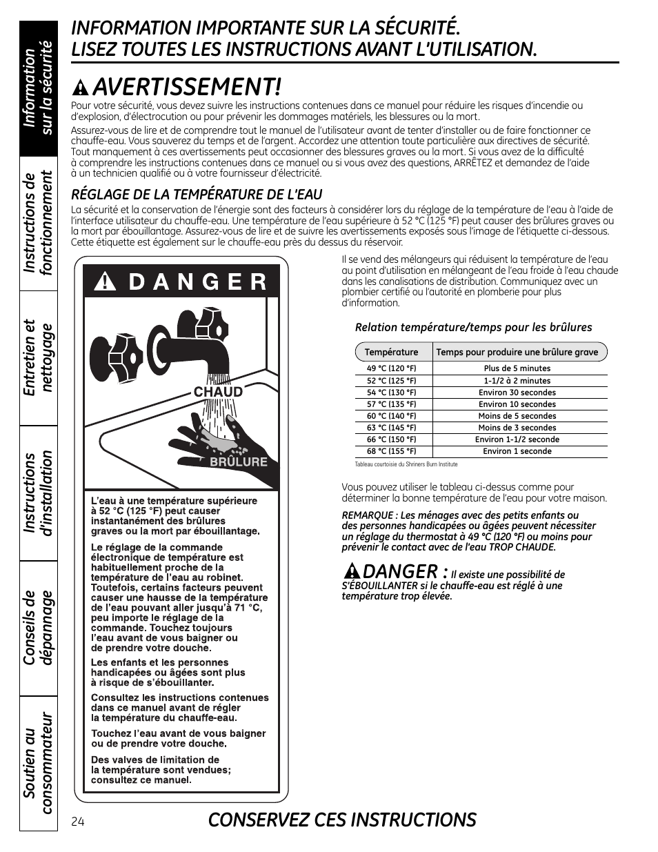 Avertissement, Danger | GE GEH50DNSRSA User Manual | Page 24 / 68