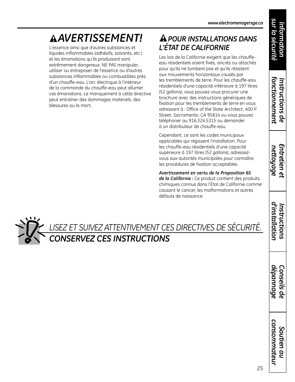 Avertissement | GE GEH50DNSRSA User Manual | Page 25 / 68
