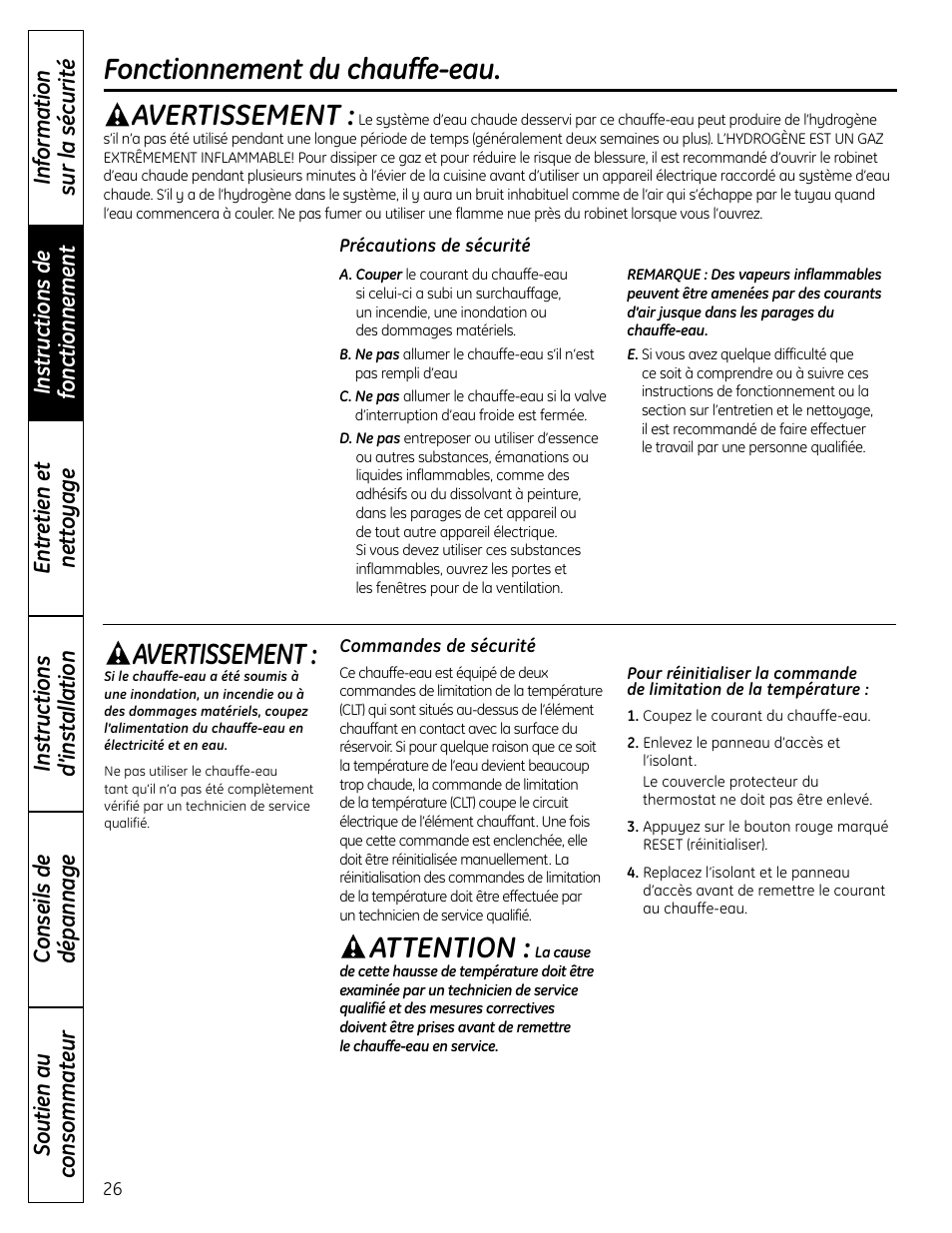Fonctionnement du chauffe-eau, Avertissement, Attention | GE GEH50DNSRSA User Manual | Page 26 / 68
