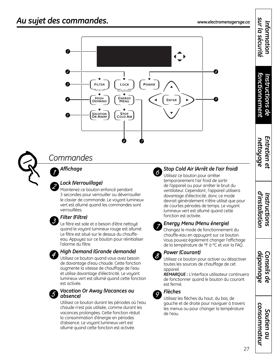 Au sujet des commandes, Commandes | GE GEH50DNSRSA User Manual | Page 27 / 68