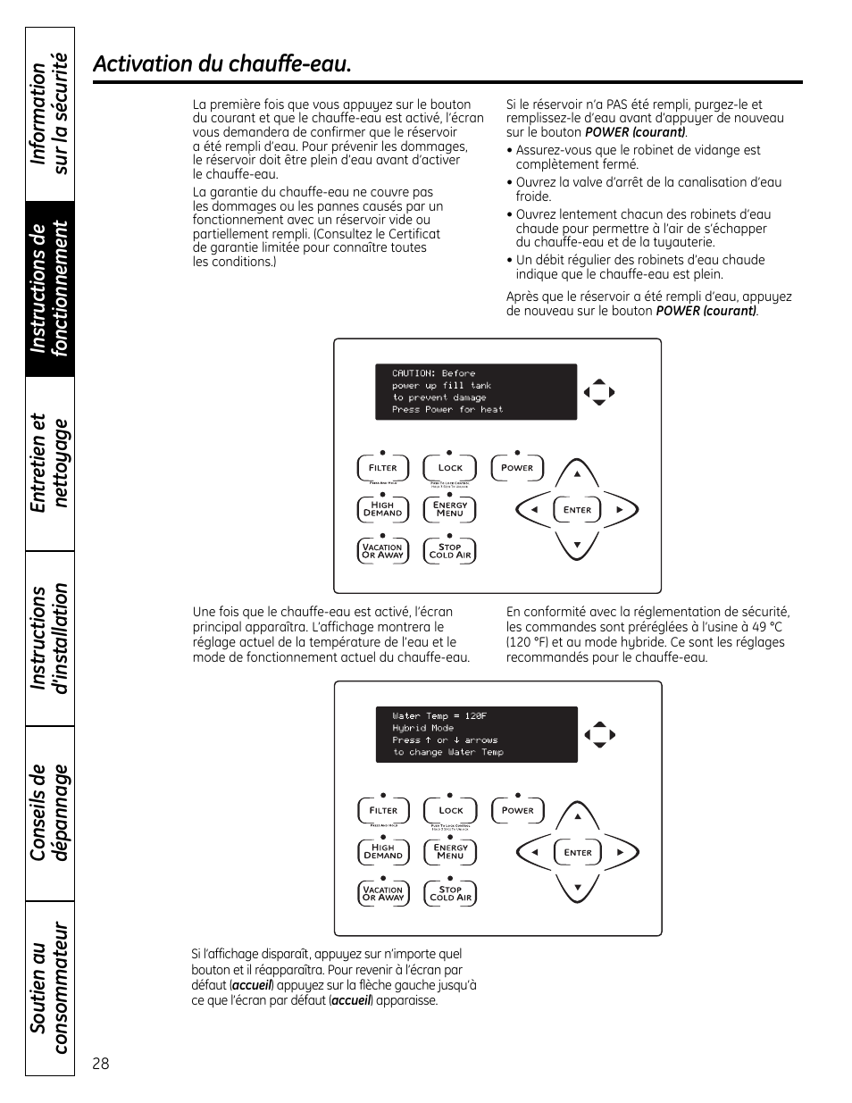 Activation du chauffe-eau | GE GEH50DNSRSA User Manual | Page 28 / 68