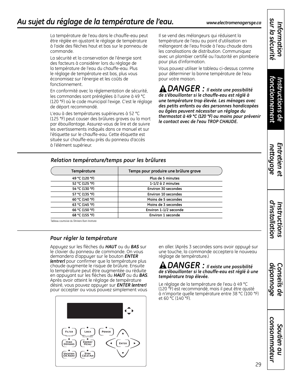 Danger, Au sujet du réglage de la température de l’eau | GE GEH50DNSRSA User Manual | Page 29 / 68