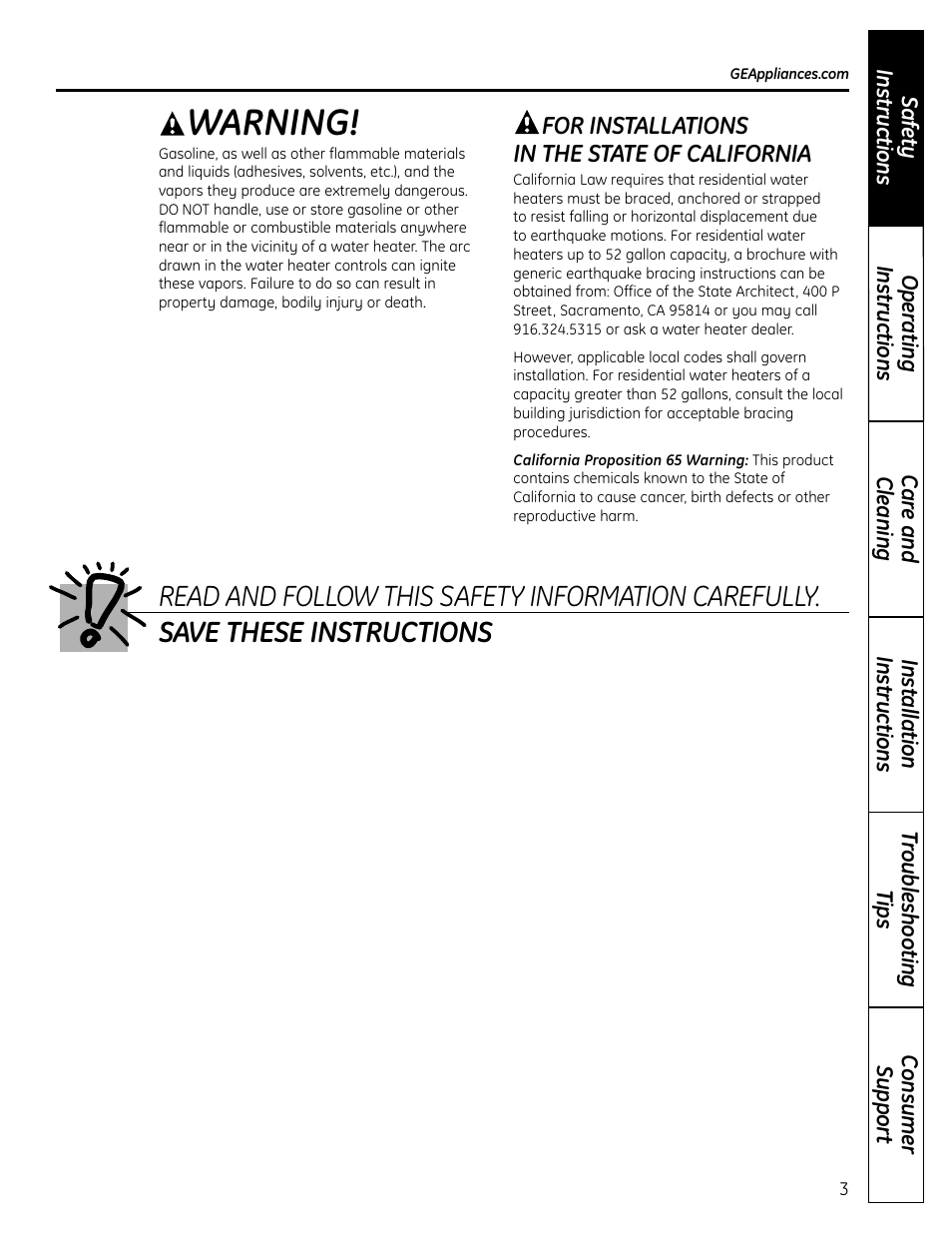 Warning | GE GEH50DNSRSA User Manual | Page 3 / 68