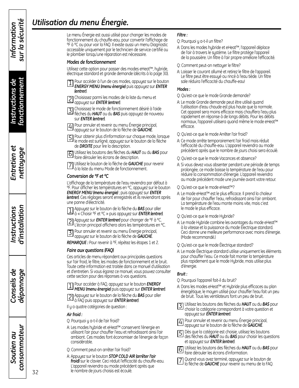 Utilisation du menu énergie | GE GEH50DNSRSA User Manual | Page 32 / 68