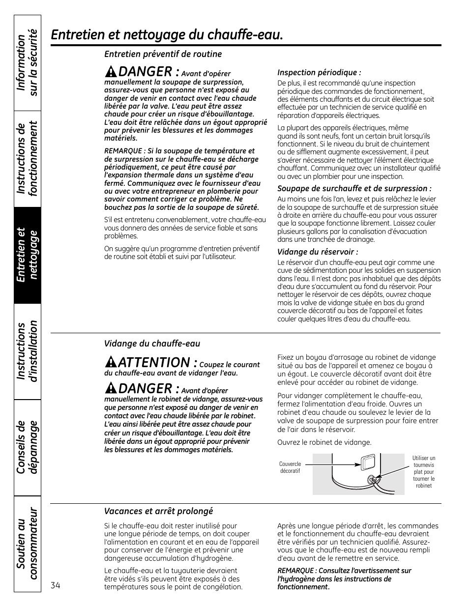Entretien et nettoyage du chauffe-eau, Attention, Danger | GE GEH50DNSRSA User Manual | Page 34 / 68