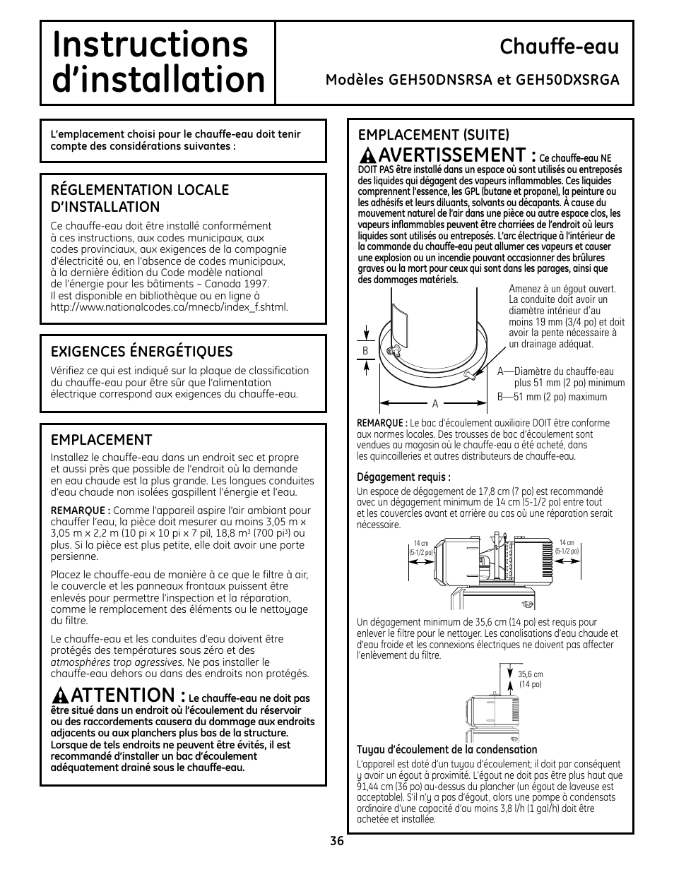 Instructions, D’installation, Chauffe-eau | Avertissement, Attention | GE GEH50DNSRSA User Manual | Page 36 / 68