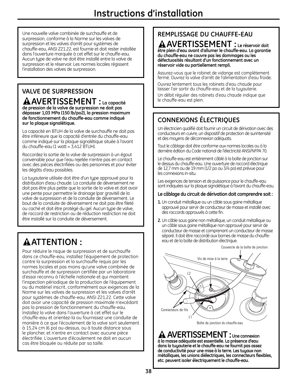 Instructions d’installation, Avertissement, Attention | Valve de surpression, Remplissage du chauffe-eau, Connexions électriques | GE GEH50DNSRSA User Manual | Page 38 / 68