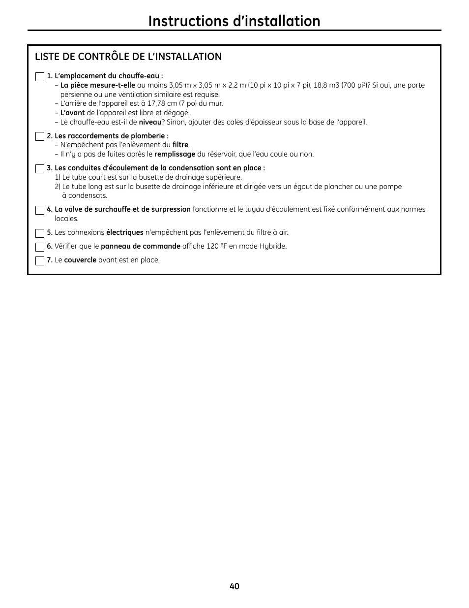 Instructions d’installation, Liste de contrôle de l’installation | GE GEH50DNSRSA User Manual | Page 40 / 68
