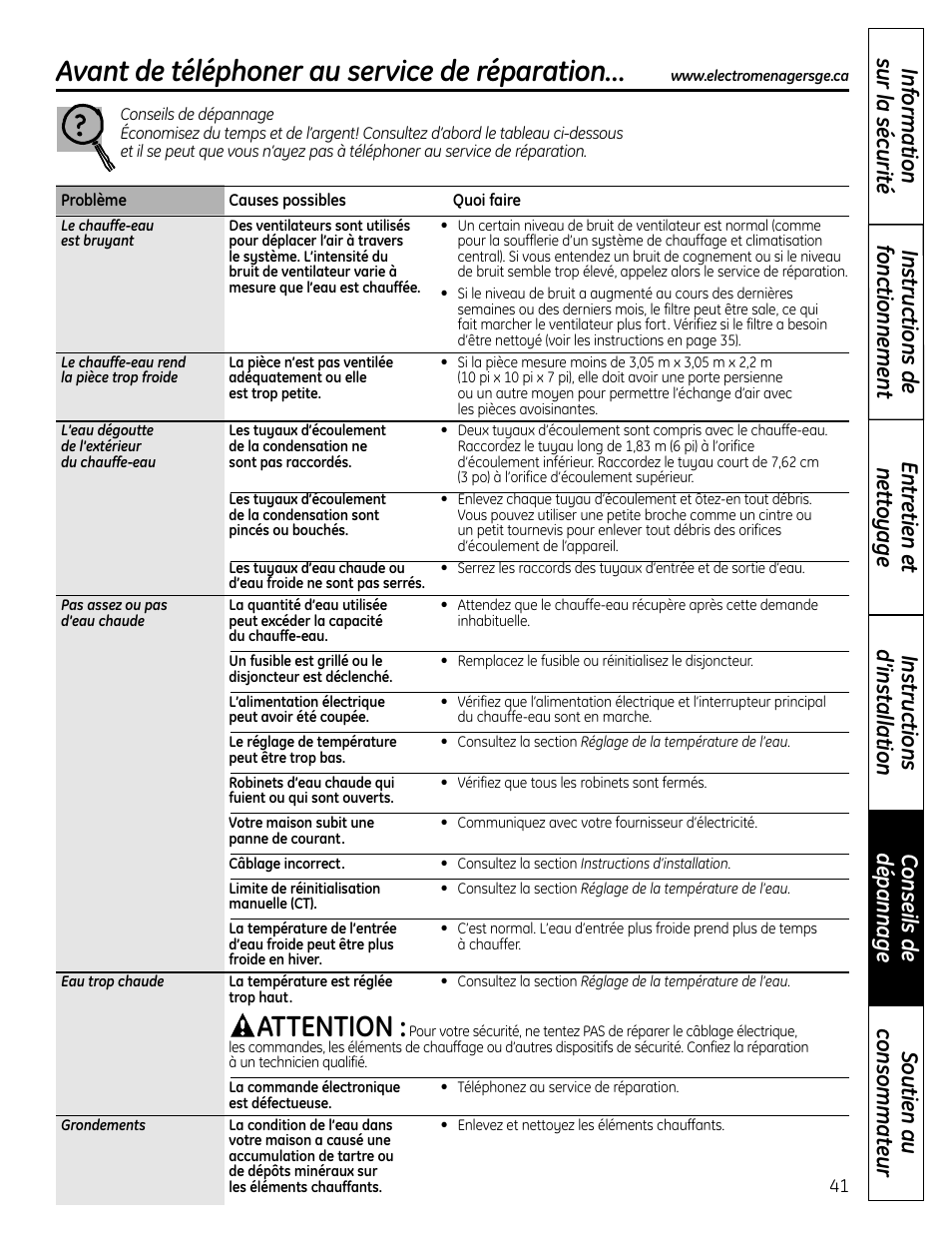Avant de téléphoner au service de réparation, Attention | GE GEH50DNSRSA User Manual | Page 41 / 68