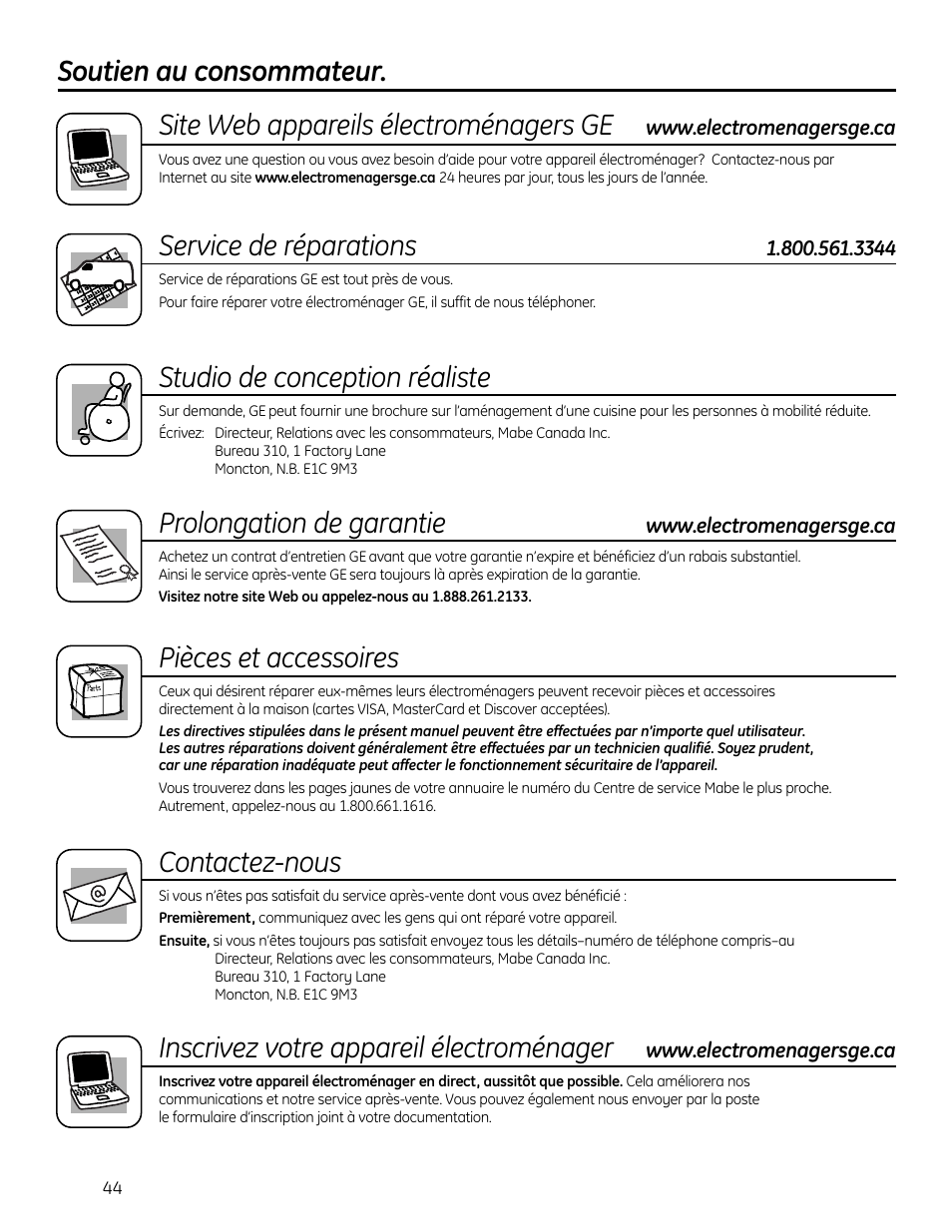 Service de réparations, Studio de conception réaliste, Prolongation de garantie | Pièces et accessoires, Contactez-nous, Inscrivez votre appareil électroménager | GE GEH50DNSRSA User Manual | Page 44 / 68