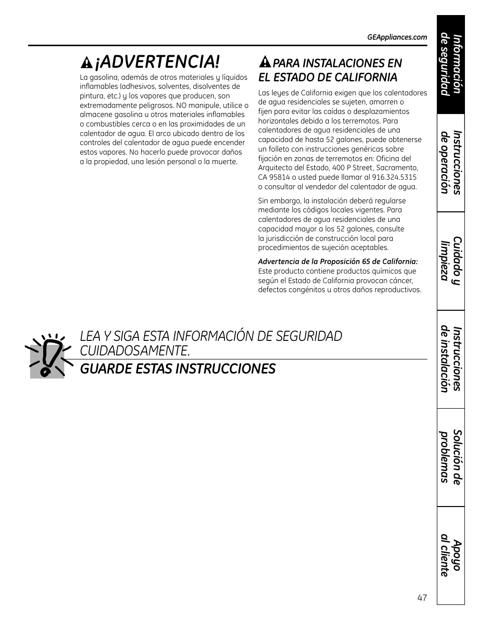 Advertencia | GE GEH50DNSRSA User Manual | Page 47 / 68
