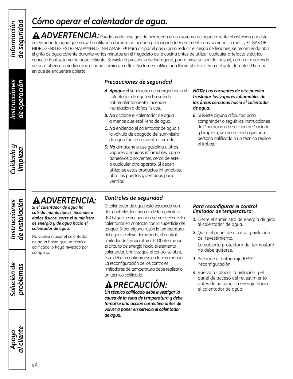 Cómo operar el calentador de agua, Advertencia, Precaución | GE GEH50DNSRSA User Manual | Page 48 / 68